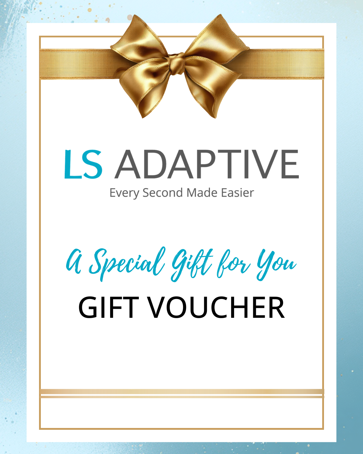 Gift voucher with a gold bow on a light blue background, featuring the brand 'LS Adaptive' saying "A Special Gift For You"