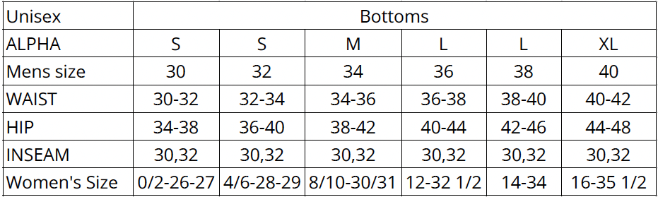 LS Adaptive Pants Sizing Chart for Unisex Pants