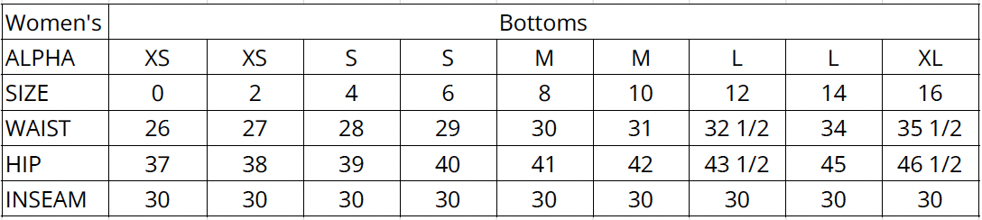 LS Adaptive Pants Sizing Chart for Womens Pants